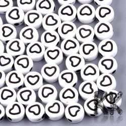 Plastic beads with black hearts - white lentils - Ø 7 x 4 mm