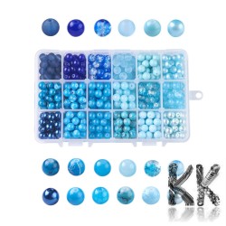 Skleněné korálky - mix modrých kuliček - Ø 8 - 9 mm - box (486 - 540 ks)