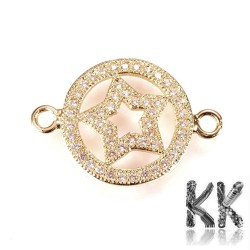 Mosazný mezičlánek se zirkony - hvězda v kruhu - 14 x 20,5 x 2 mm