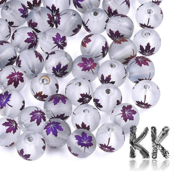 Glass transparent frosted  electroplated round beads - with maple leaf decor - Ø 8-8.5 mm, Hole: 1.5 mm