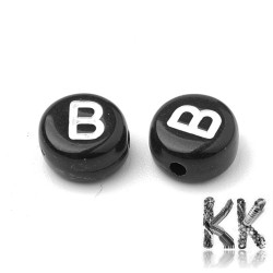 Acrylic Beads with Letters - Black Lentils with White Text - Ø 7 x 4 mm, Hole: 1,5