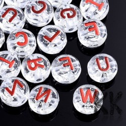 Acrylic Beads with Letters - Transparent Clear Lentils with Glitters and Red Text - Ø 10 x 6 mm - approx. 100 pc