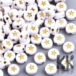 Acrylic Beads with Stars - White Lentils with Stars - Ø 7 x 4 mm - approx. 195 pcs