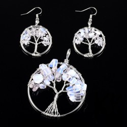 Jewelry set made of 304 stainless steel - Pendant and earrings with trees of life made of opal