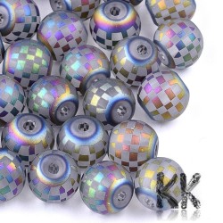 Electroplated transparent frosted glass round beads - with tartan decor - Ø 8-8.5 mm, Hole: 1.5 mm