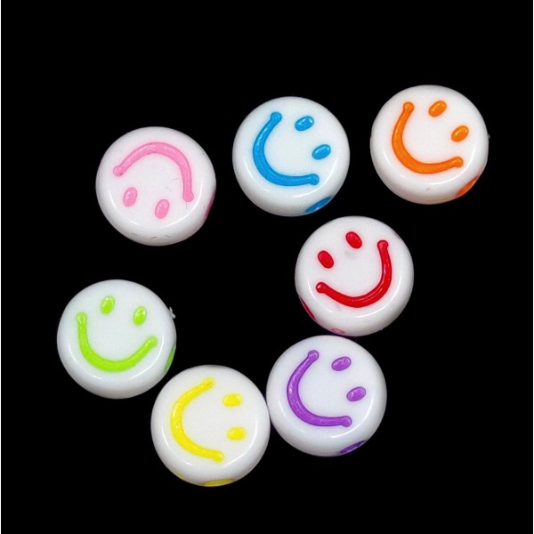 Acrylic Beads - Lentils with Smileys - Ø 7 x 3,5 mm, Hole: 1,5 mm - Quantity 10 g (approx. 70 pcs)