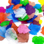 Plastové korálky z průhledné barevné akrylové hmoty ve tvaru listů o rozměru 24 x 22,5 x 3 mm a s dírkou pro průvlek o průměru 1 mm. 
Upozornění - Korálky jsou nabízeny v balení po 10 gramech a barevná skladba každého balení je čistě náhodná. Barevná skladba na ilustračním obrázku je tak čistě orientační.
UVEDENÁ CENA JE ZA 10 g (cca 20 KS)