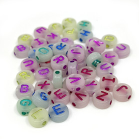 Fluorescent Acrylic Beads with Letters - Transluscent Lentils with Colourful Letters - Ø 10 x 4.5 mm - approx. 90 pcs