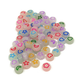 Fluorescent Acrylic Beads - Transluscent Lentils with Colourful Pictures - Ø 7 x 3.5 mm - approx. 190 pcs