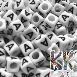 Beads with letters - white cubes with black text - 6 mm