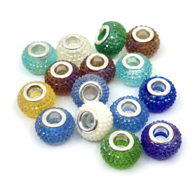 Širokoprůvlekové korálky z pryskyřice s kamínky - 14 x 10 mm - náhodný mix barev
