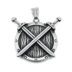 304 Stainless Steel Pendant - Sword and Shield - 40 x 37 x 6 mm, Hole: 4 x 7 mm