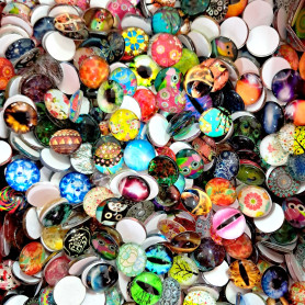 Kruhový skleněný kabošon s motivem - náhodný mix - Ø 16 x 5 mm