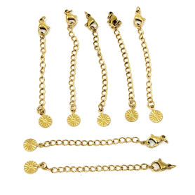 304 nerezový prodlužovací řetízek s karabinkou a 6,5mm přívěskem slunce - pokov pravé 18K zlato - délka cca 68mm